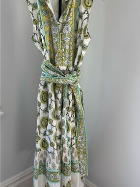 Sue Sartor Sleeveless Maxi Flouce Dress Vintage White, Green & Turquoise Thistle